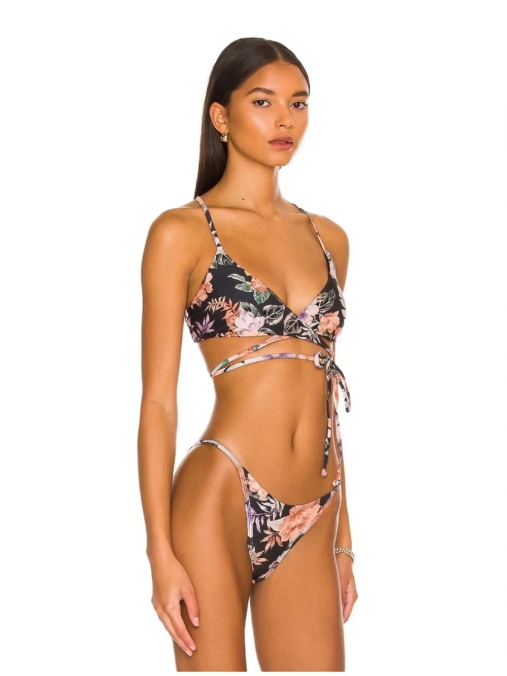 Lspace Floral Wrap Triangle Bikini Set - Black with Pink Floral